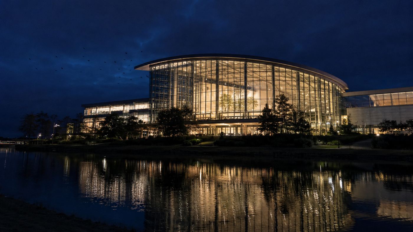 A huge glass convention building lit up at night beside a lake with small birds flying near the bright windows, a setting for bird collisions