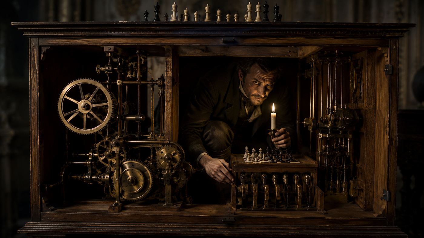 A dim view of a man crouched secretly inside a wooden cabinet among dummy gears, holding a candle and a small chessboard