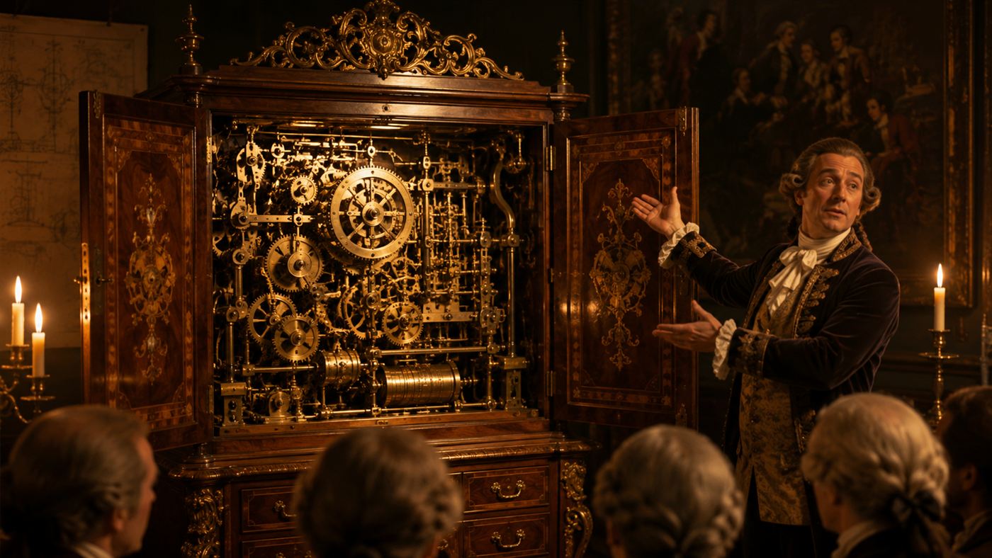 The open doors of an 18th-century wooden cabinet revealing brass gears and clockwork machinery in candlelight