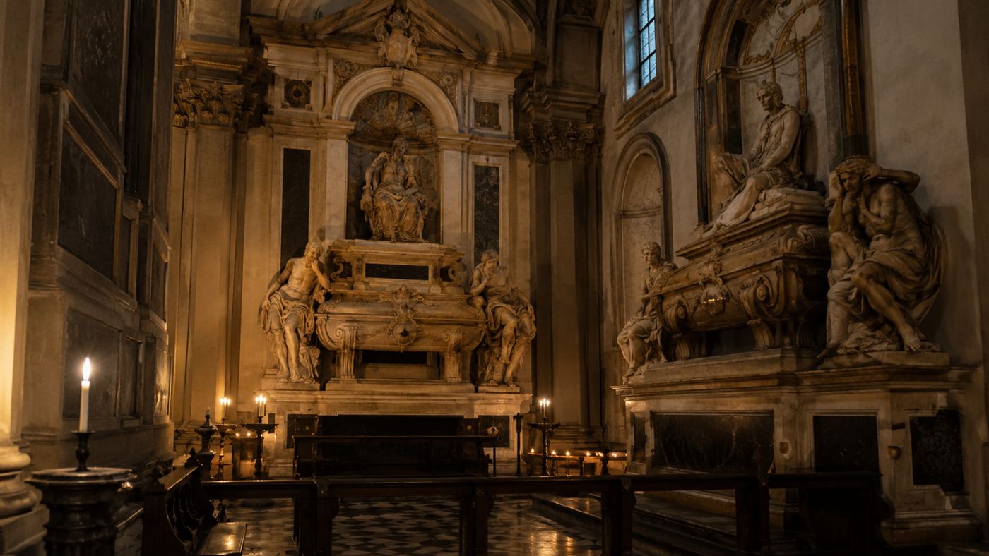 The ornate marble tombs of the Medici Chapels in Florence, dimly lit, where the grand duke's remains were studied