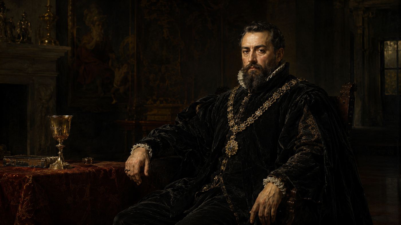 A Renaissance-style portrait of a grand duke beside a golden goblet, evoking the old poison legend