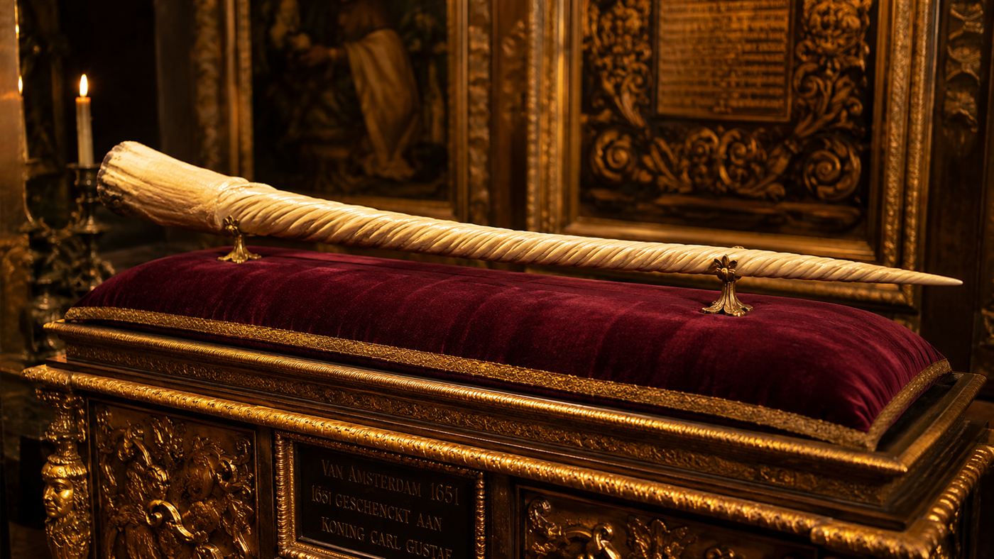 A long spiral narwhal tusk displayed as a treasured medieval unicorn horn in an ornate royal collection