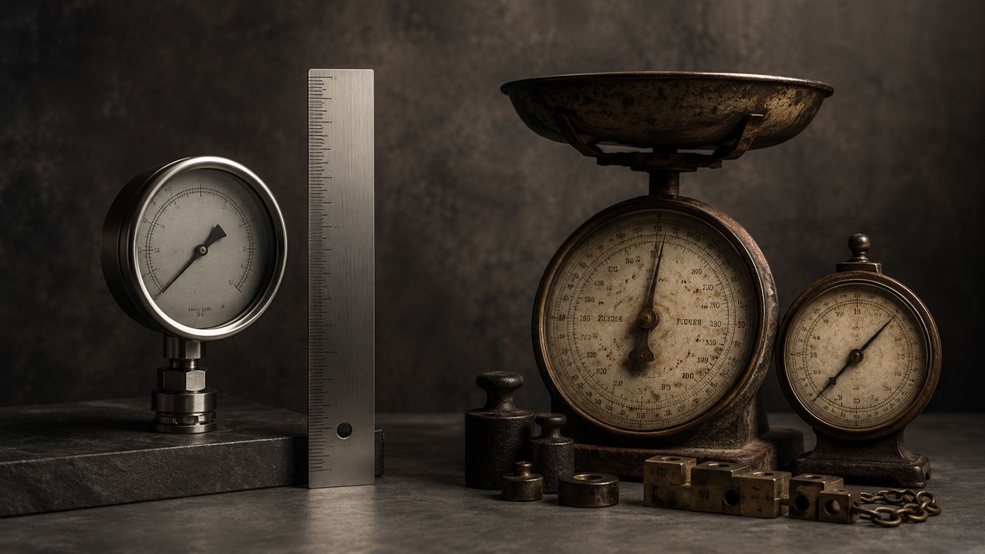 A conceptual illustration contrasting metric and imperial measurement, gauges and numbers not matching