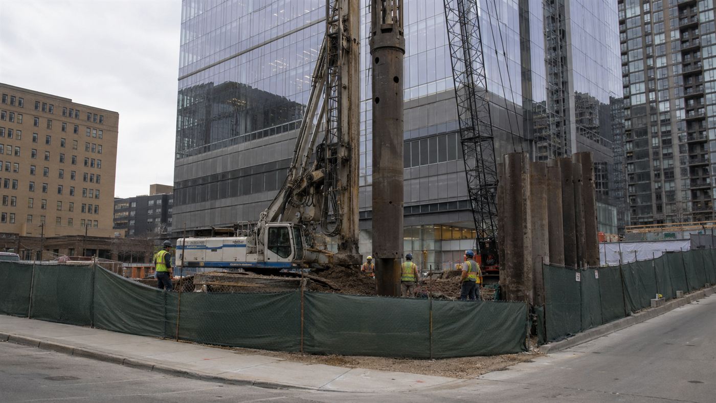 A pile-driving rig drilling deep steel casings into the ground at the base of a tall glass skyscraper on a city construction site