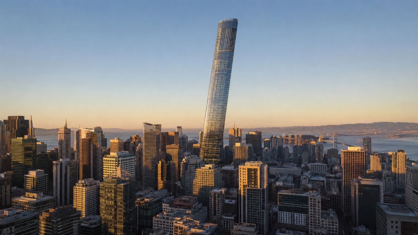 The Millennium Tower, a 58-story San Francisco glass high-rise, rising over the skyline as it keeps sinking and leaning