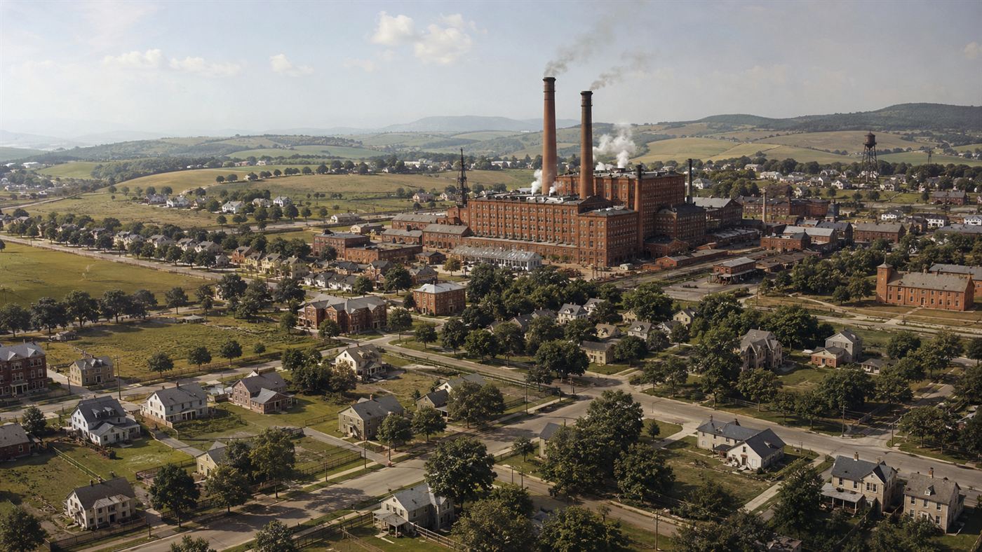 An early 1900s view of Milton Hershey's large brick chocolate factory with tall smokestacks and a tidy planned town around it in rural Pennsylvania