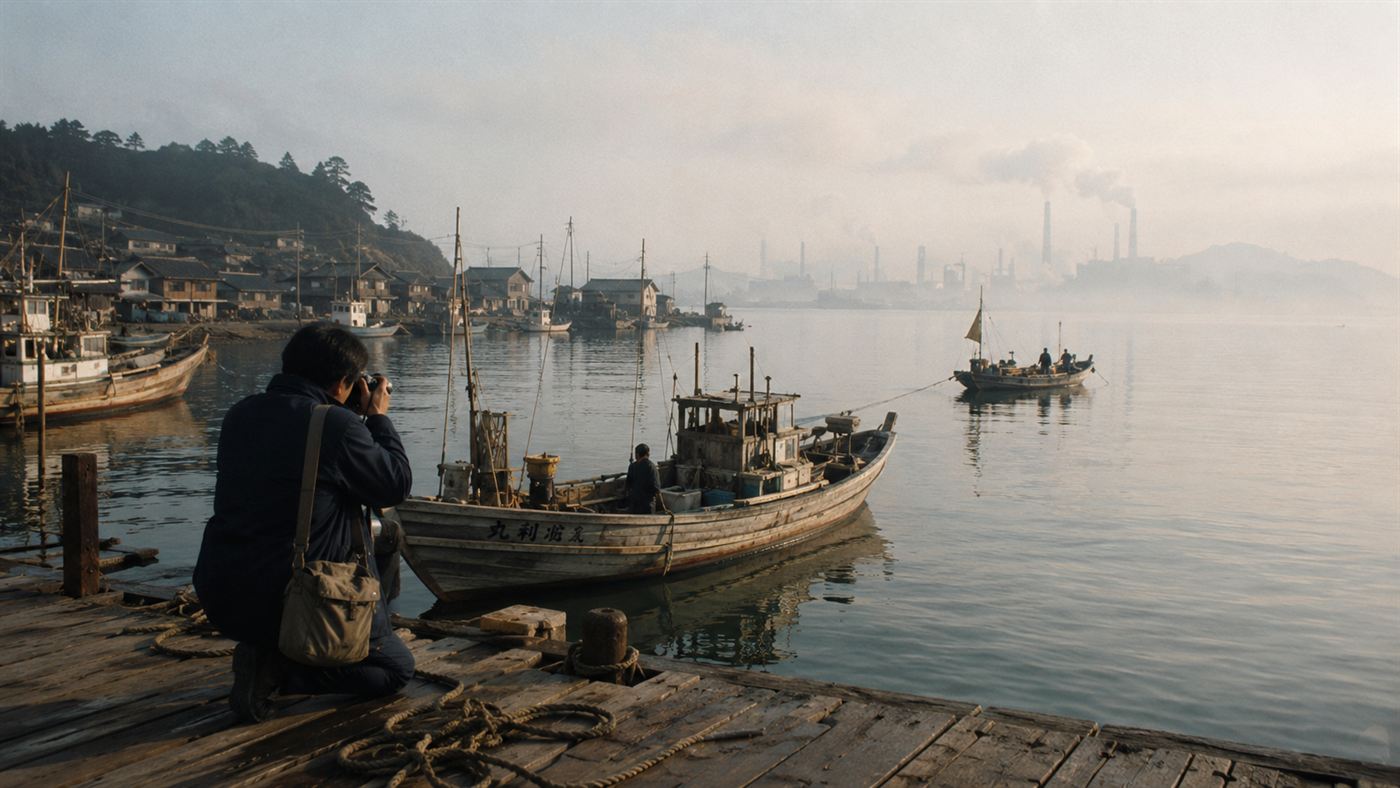 A documentary photographer on the dock of Minamata's fishing harbor in the 1970s, photographing traditional wooden boats on the misty bay with the Chisso Corporation factory smokestacks visible across the water