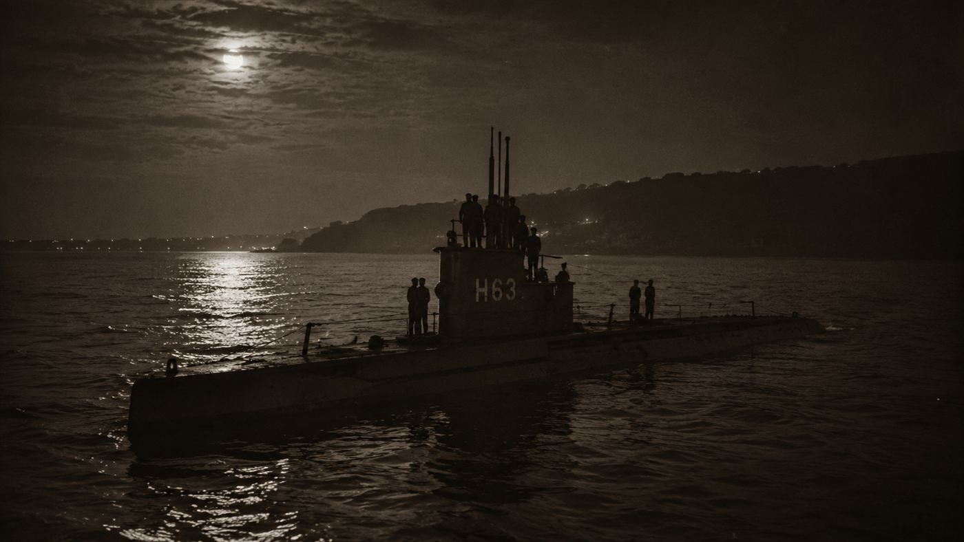 A British submarine surfaced at night off the Spanish coast, the start of Operation Mincemeat in 1943