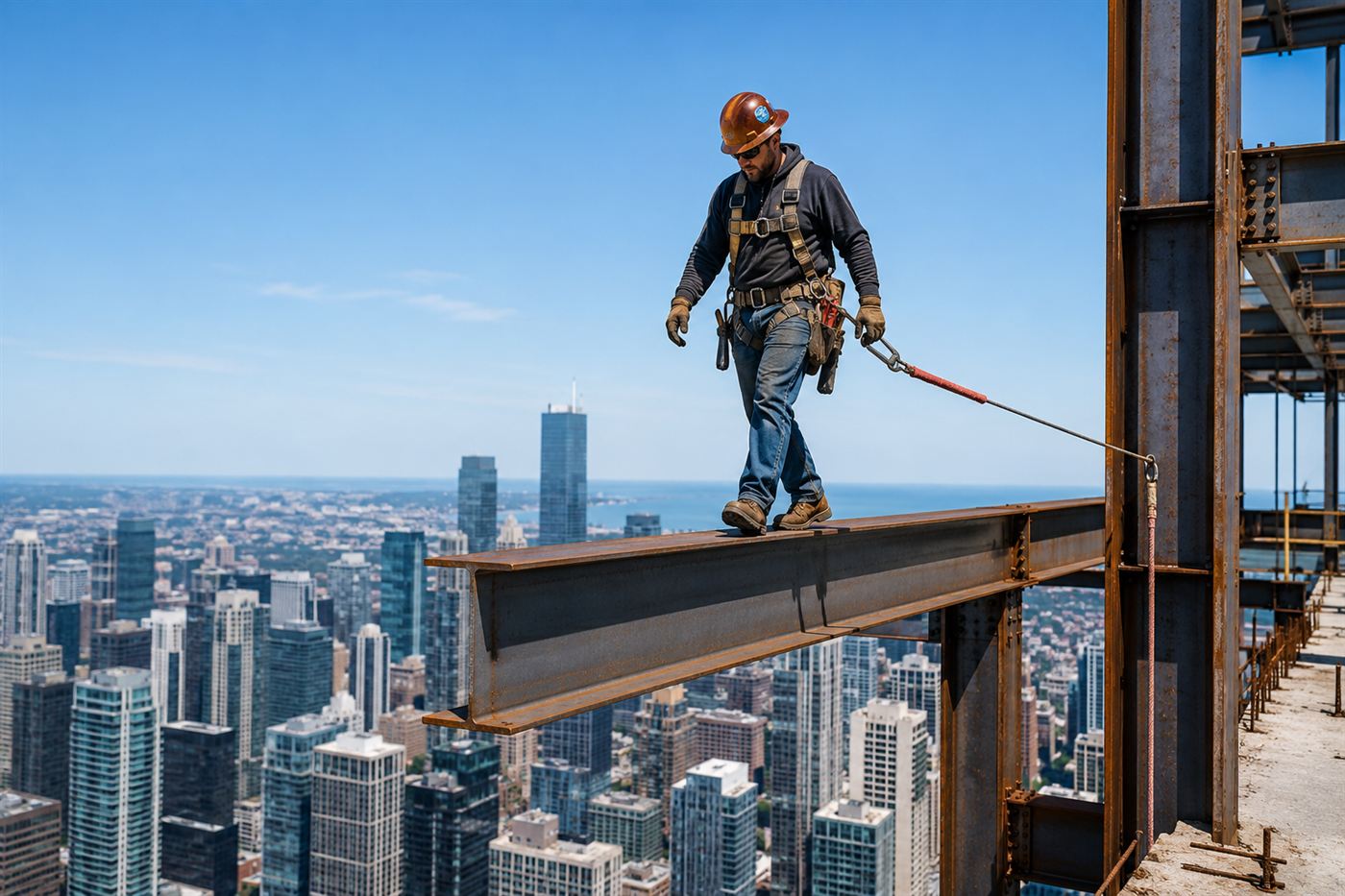 A modern ironworker in a hard hat and harness walking a steel beam on a high-rise construction site