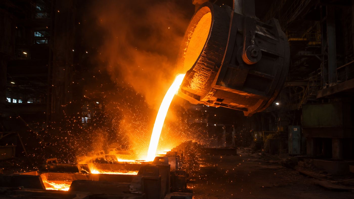 Glowing molten steel being poured from a giant ladle into moulds in a dark foundry with orange sparks