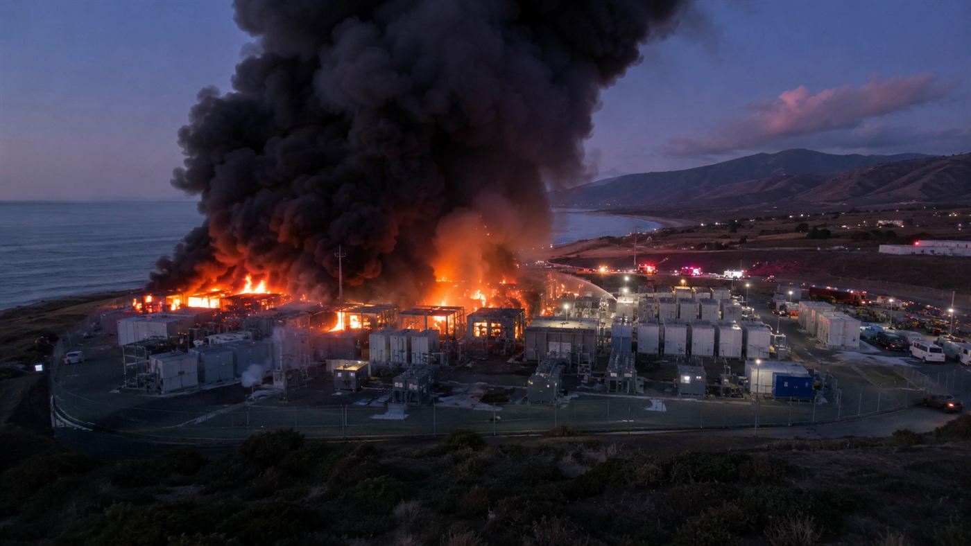 The Moss Landing battery storage facility on fire at dusk with a huge dark smoke plume rising over the California coast