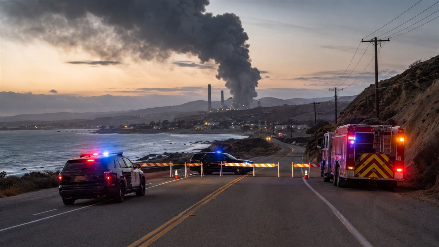 A closed California coastal highway with emergency vehicles and barriers as a dark smoke plume rises over a small town during a battery storage evacuation