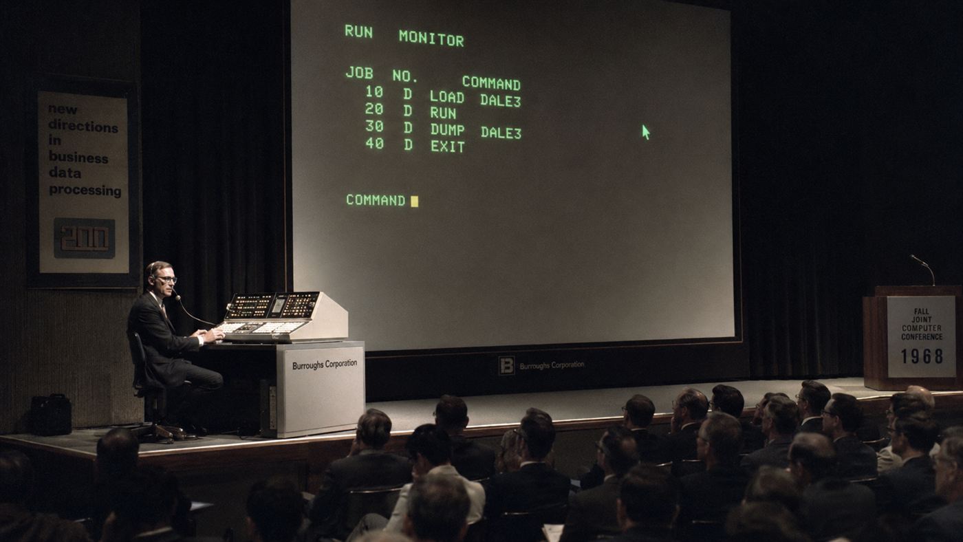 A 1968 conference stage where Douglas Engelbart gave the Mother of All Demos before a darkened auditorium