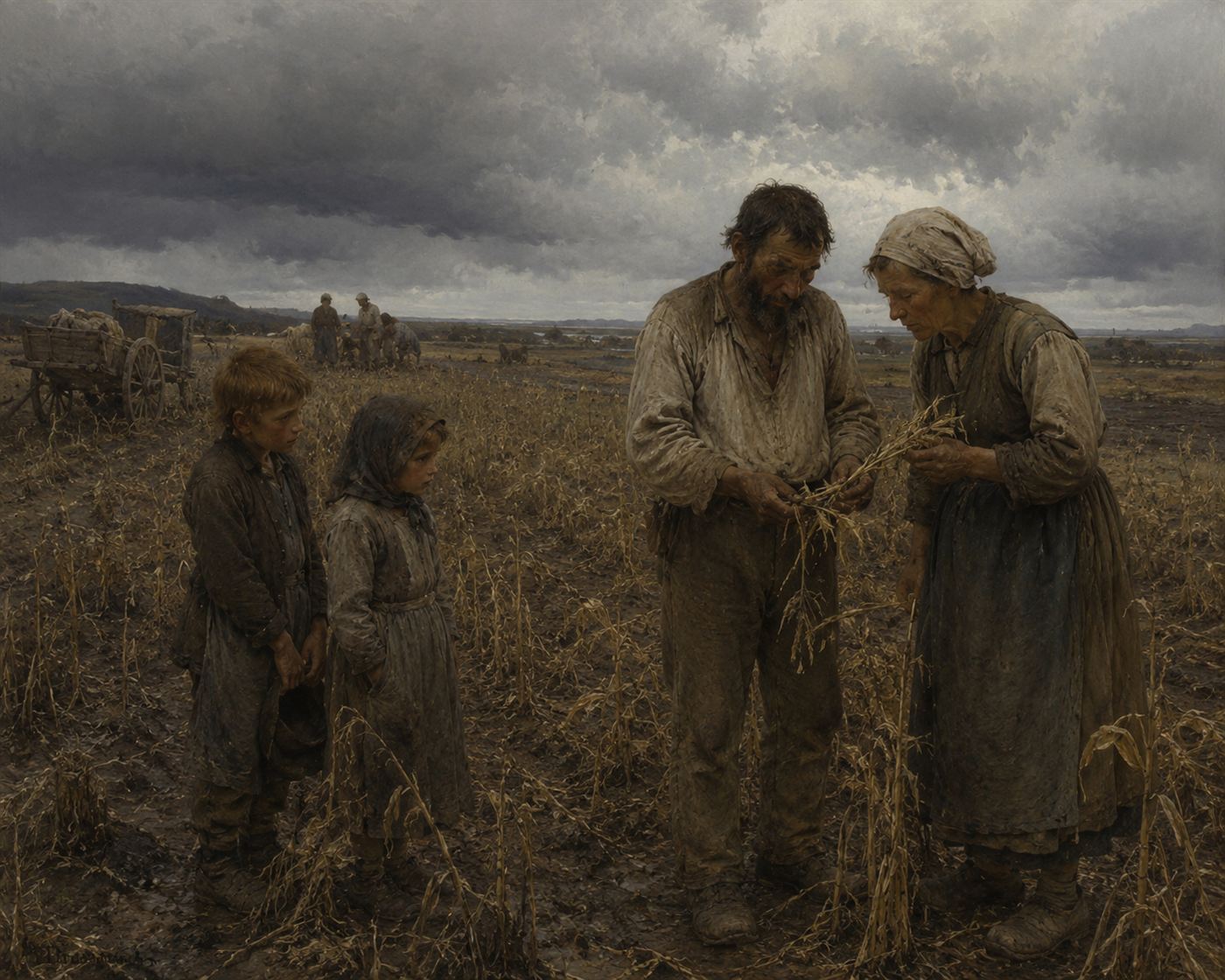 1816 year without a summer Europe famine scene, peasant farmers examining frost-damaged failed grain crops in cold gray summer field, desperate rural poverty after Mount Tambora volcanic winter