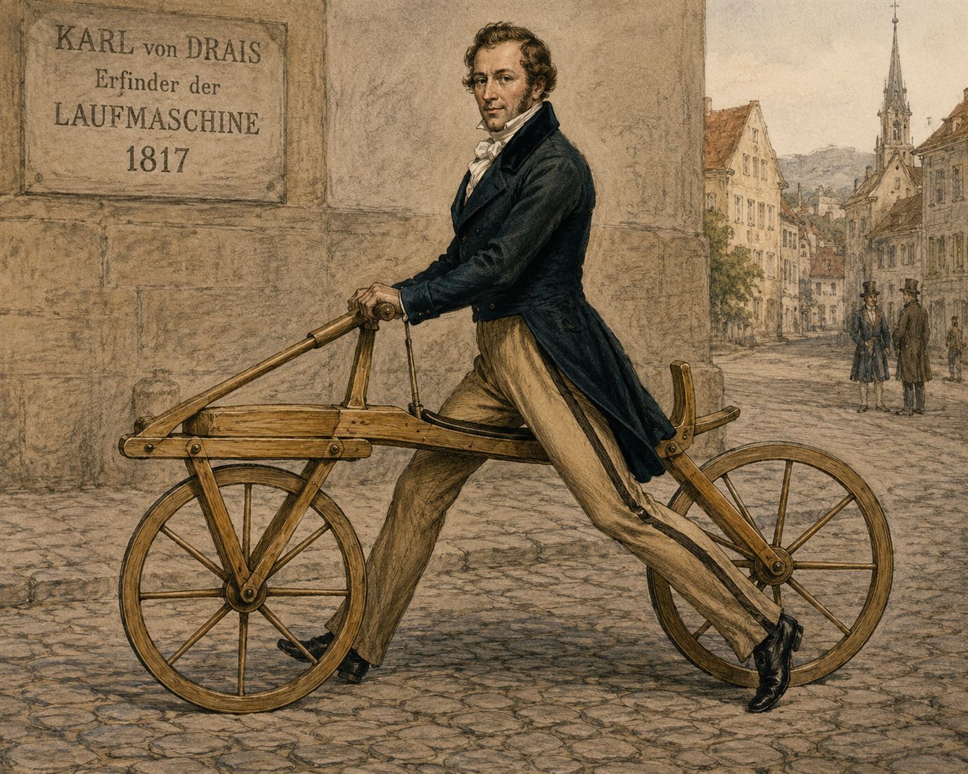Karl von Drais riding his 1817 draisine Laufmaschine wooden running machine on European cobblestone street, early bicycle ancestor propelled by pushing feet along ground, 19th century historical scene