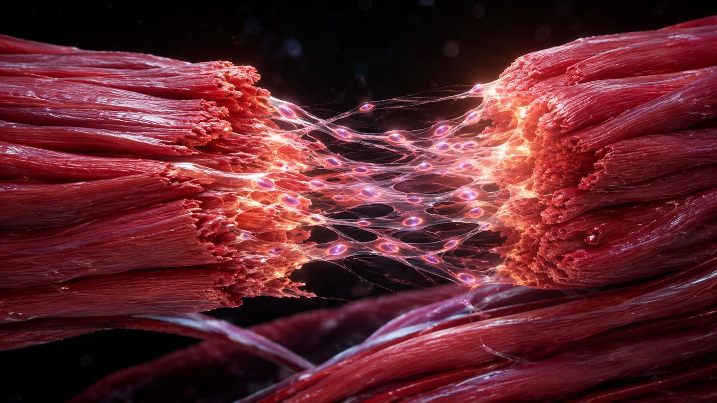 A medical illustration of muscle fibres knitting back together during tissue repair after injury