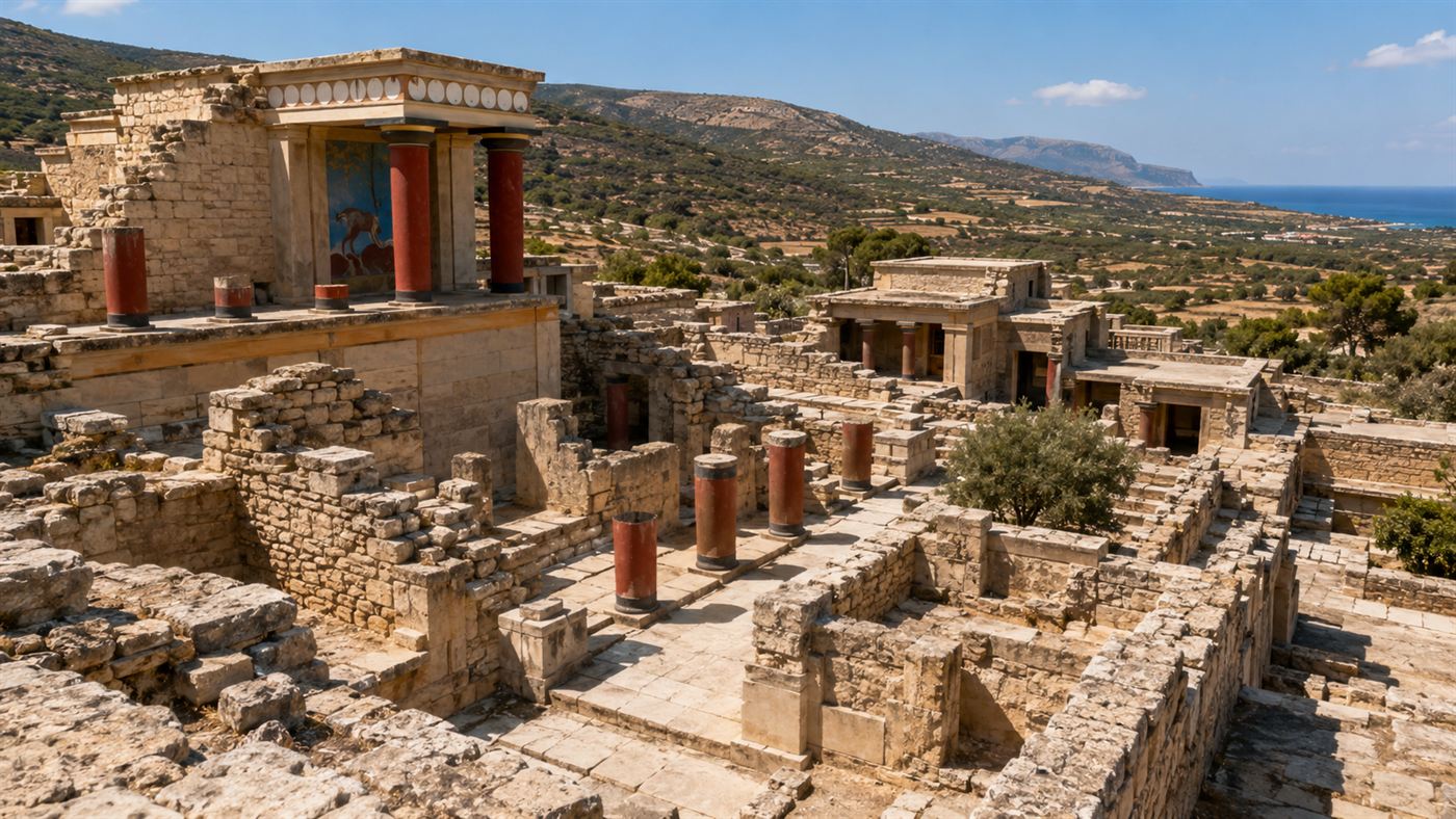 The sunlit ruins of a Bronze Age Aegean palace with restored red columns, evoking Mycenaean Greece