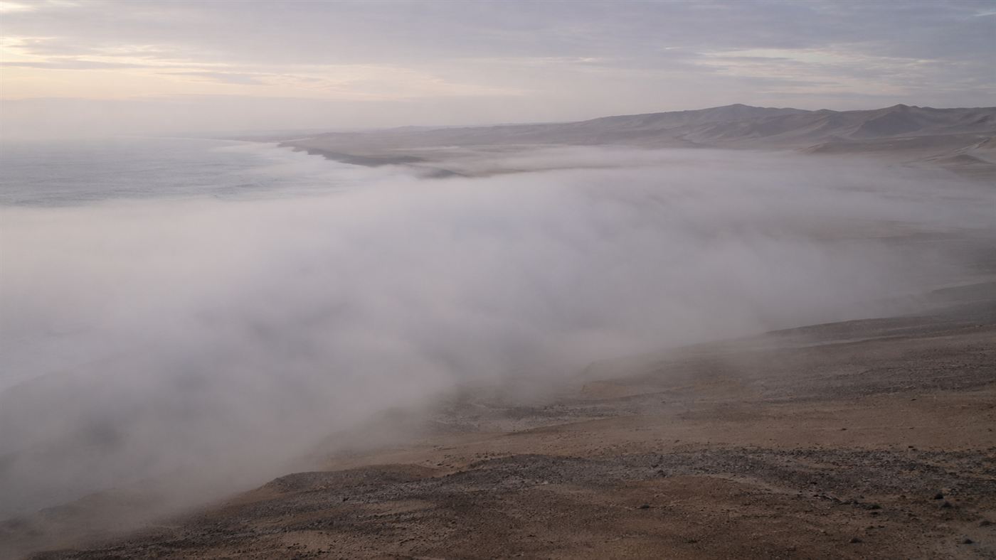 Thick sea fog rolling over the bare gravel plains of the Namib desert at dawn