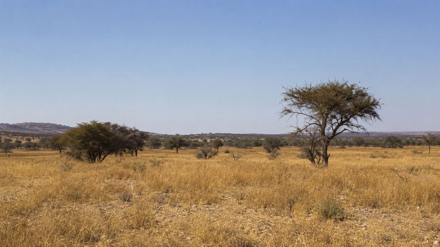 The flat dry bushveld farmland landscape near Grootfontein in northern Namibia where the Hoba meteorite fell