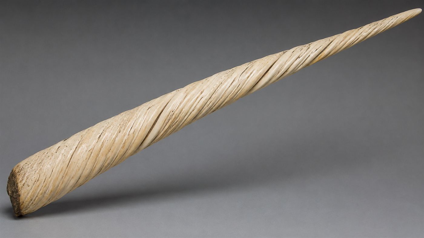A close-up of a narwhal's long ivory tusk showing its distinctive left-handed spiral grooves