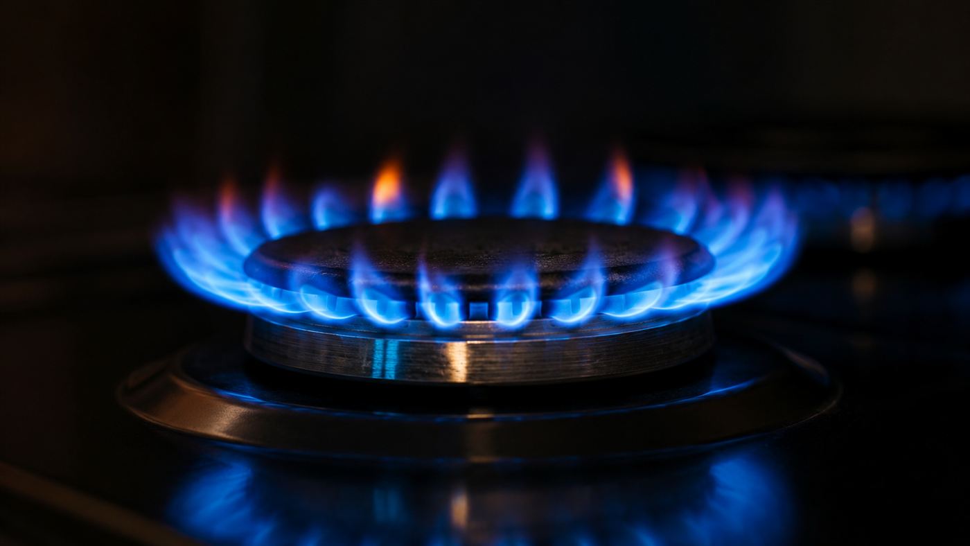 A blue natural gas flame burning on a stove burner, the fuel behind the gas leak
