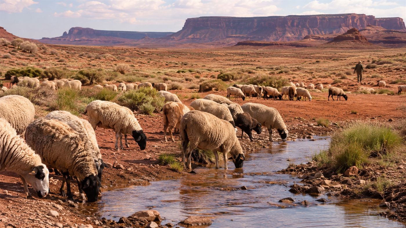 Sheep grazing near a shallow desert river on the Navajo reservation with a distant herder and arid mesas beyond