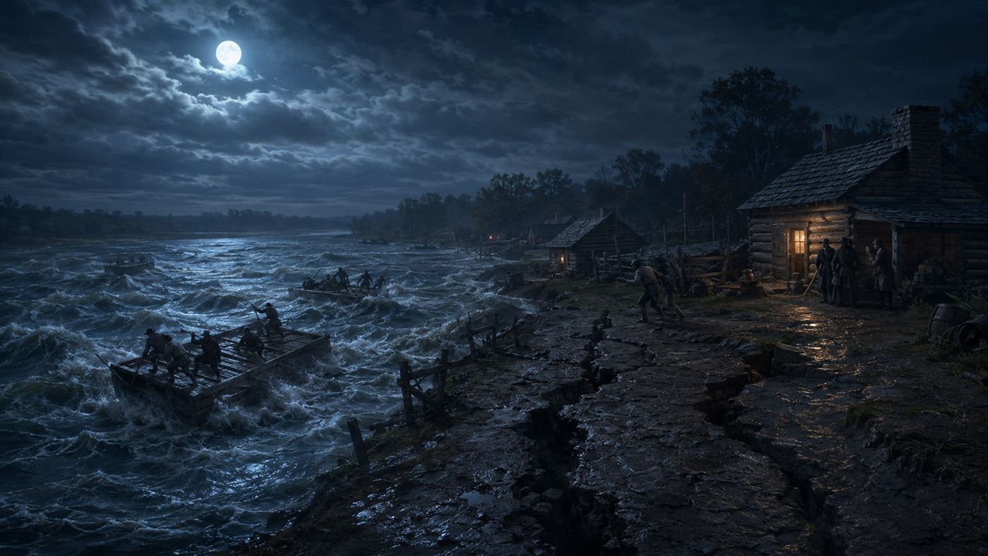 The New Madrid earthquakes of 1811 shaking a frontier settlement beside the Mississippi River as boats pitch on churning water
