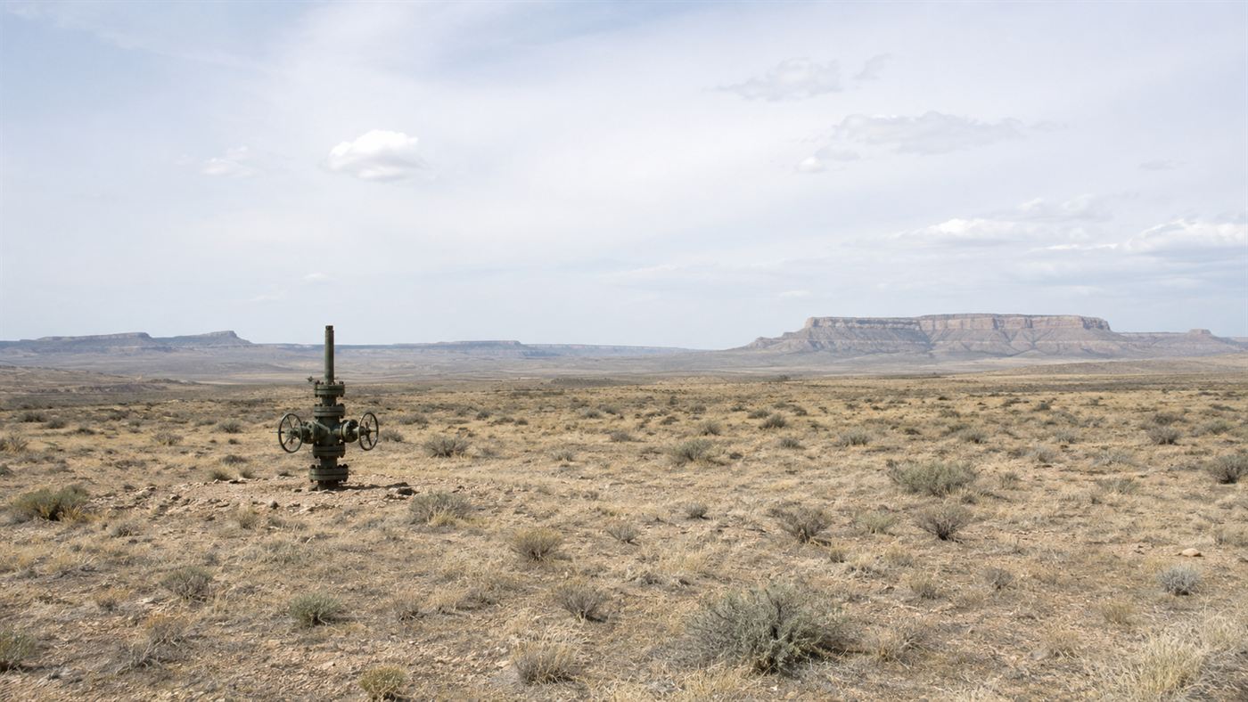 A lone gas wellhead on a remote high desert mesa in northern New Mexico under a wide pale sky