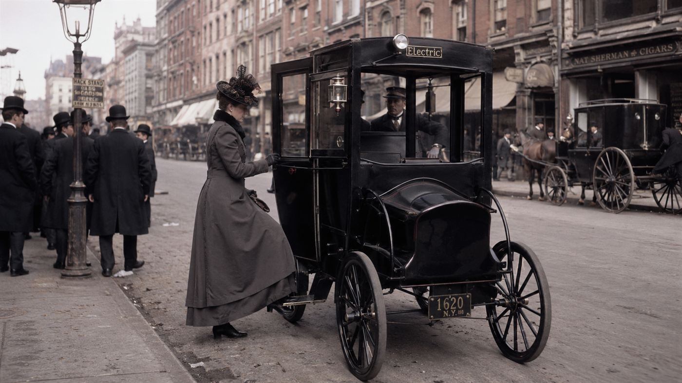 An 1899 New York electric taxi, a black electric Hansom cab, on a busy city street with a lady boarding