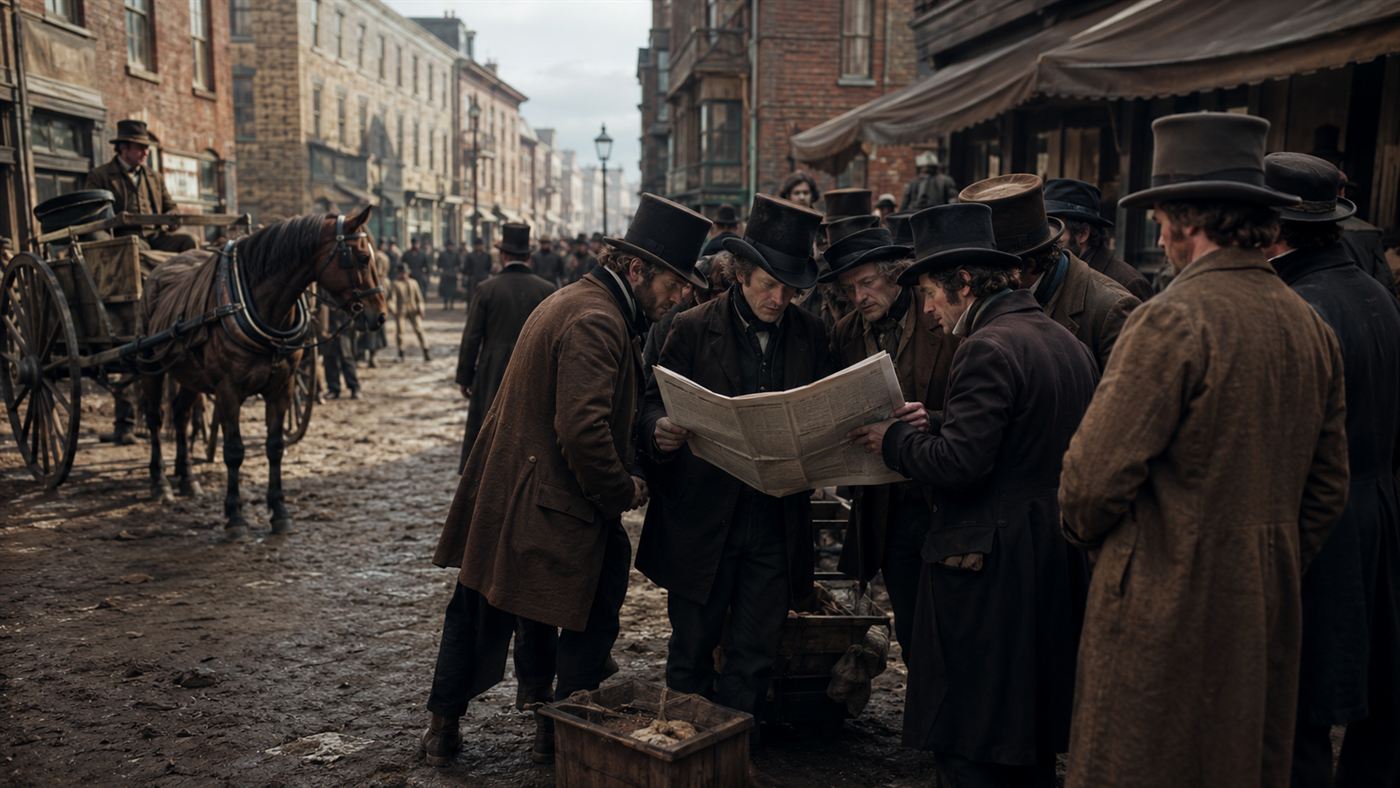 An 1830s New York street crowd eagerly reading a penny newspaper, men in top hats gathered around