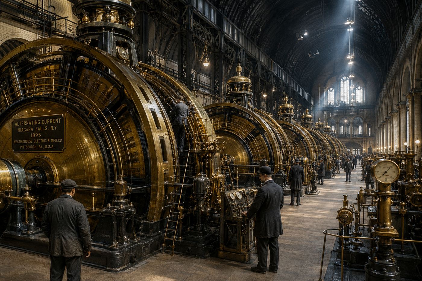 Niagara Falls hydroelectric power station interior 1895 with large alternating current generators and turbines, polished brass and iron machinery in a cathedral-like industrial hall, George Westinghouse era electrification of America