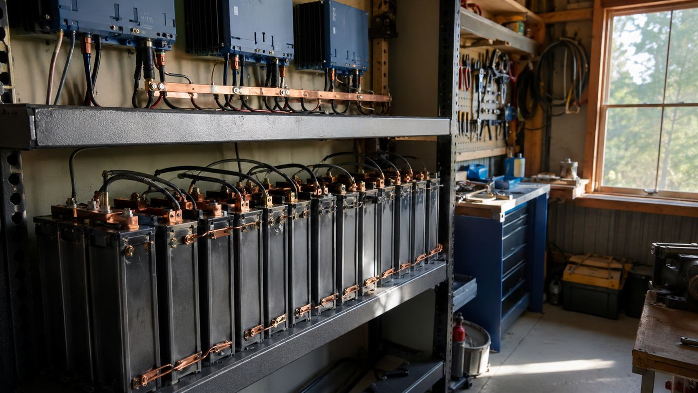 A bank of reconditioned nickel-iron battery cells wired together in a workshop next to solar charge equipment