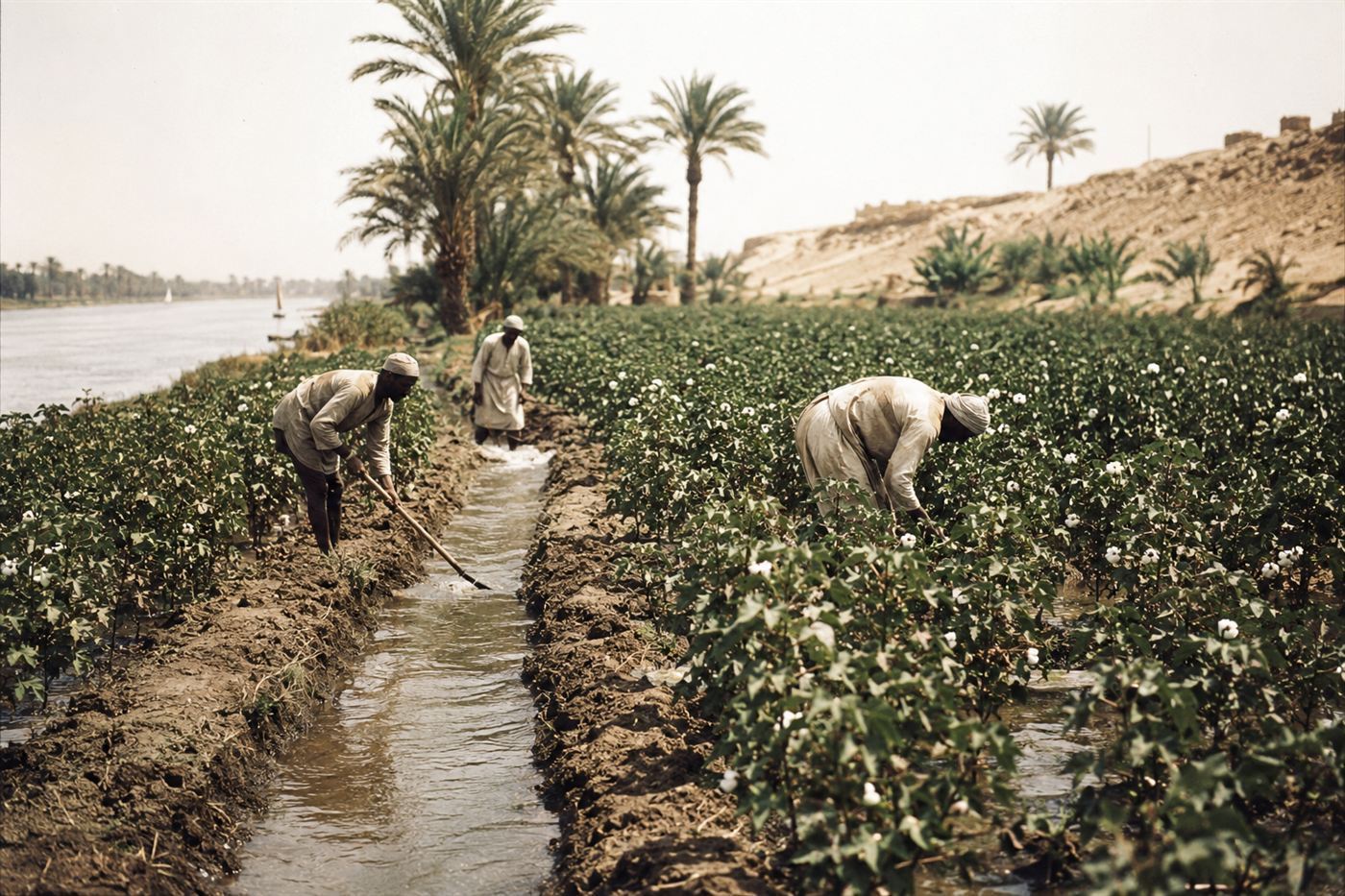 Water flowing along channels into green cotton fields beside the Nile in Egypt, the kind of irrigation Frank Shuman's solar plant powered