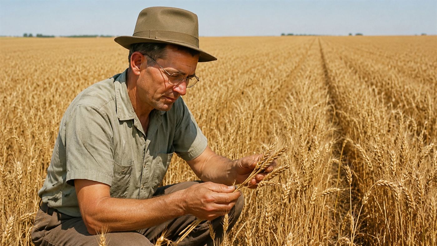 Norman Borlaug, the agronomist credited with saving a billion lives, inspecting ripe wheat in a golden field