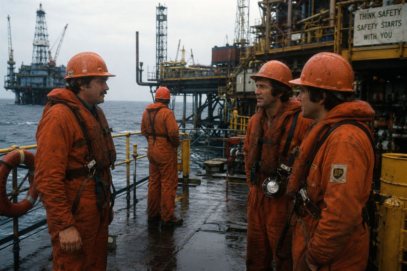 North Sea oil rig workers in orange survival suits on an offshore platform deck, offshore safety equipment visible in an industrial environment
