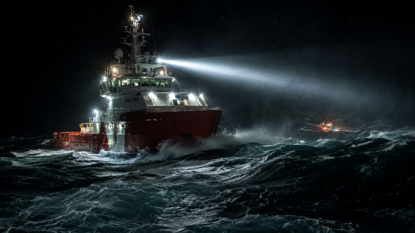 Marine rescue vessel on rough North Sea waters at night, searchlights illuminating the dark sea during an offshore emergency operation