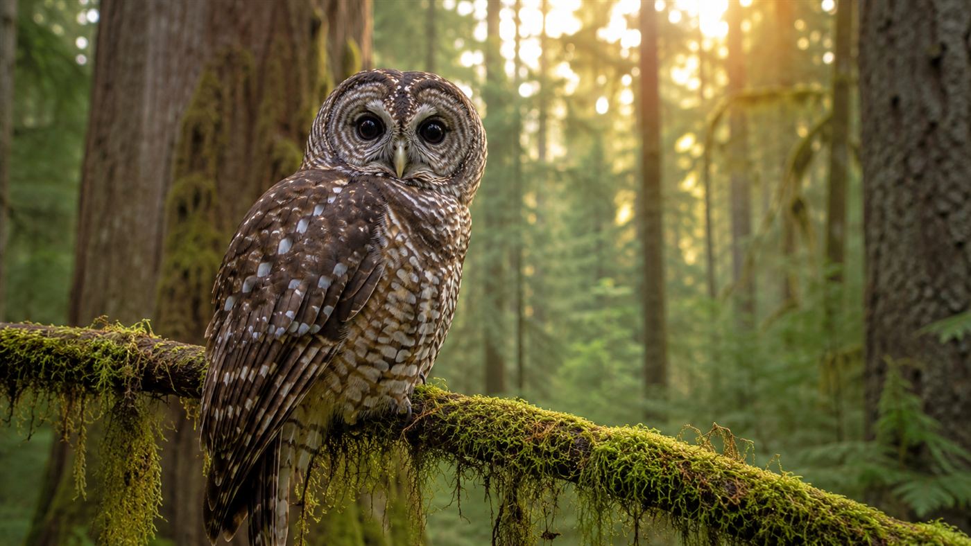 A northern spotted owl perched on a moss-covered branch in an ancient Pacific Northwest old-growth forest, large dark eyes facing the camera