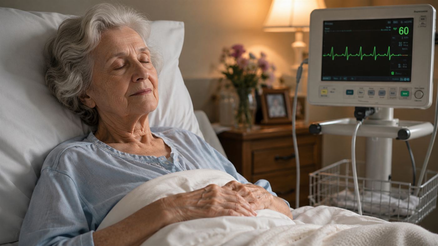 An elderly patient resting beside a steady heart monitor, the legacy of the nuclear pacemaker