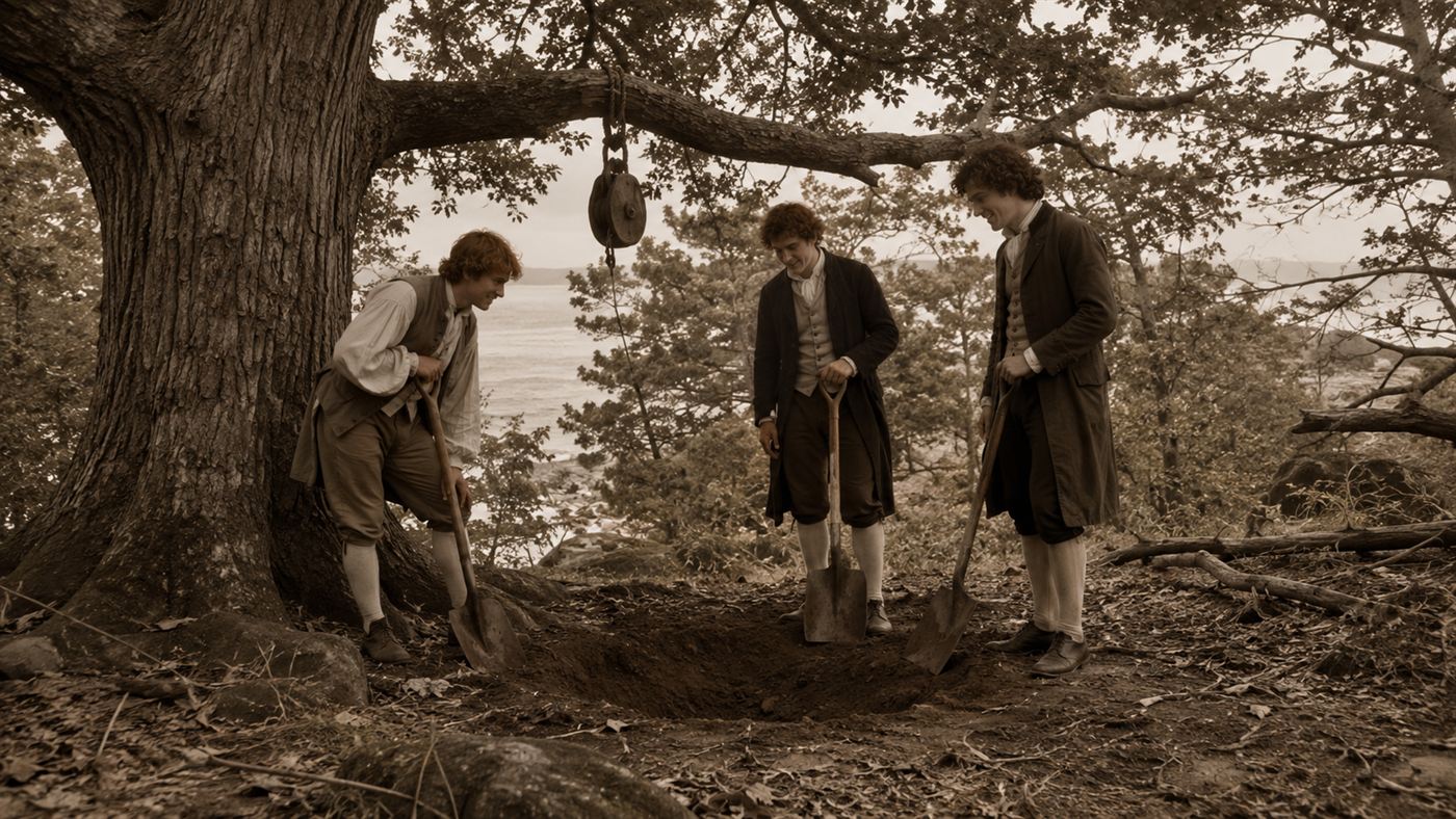 Three young men in 1790s clothing digging at the Oak Island money pit beneath an old oak tree