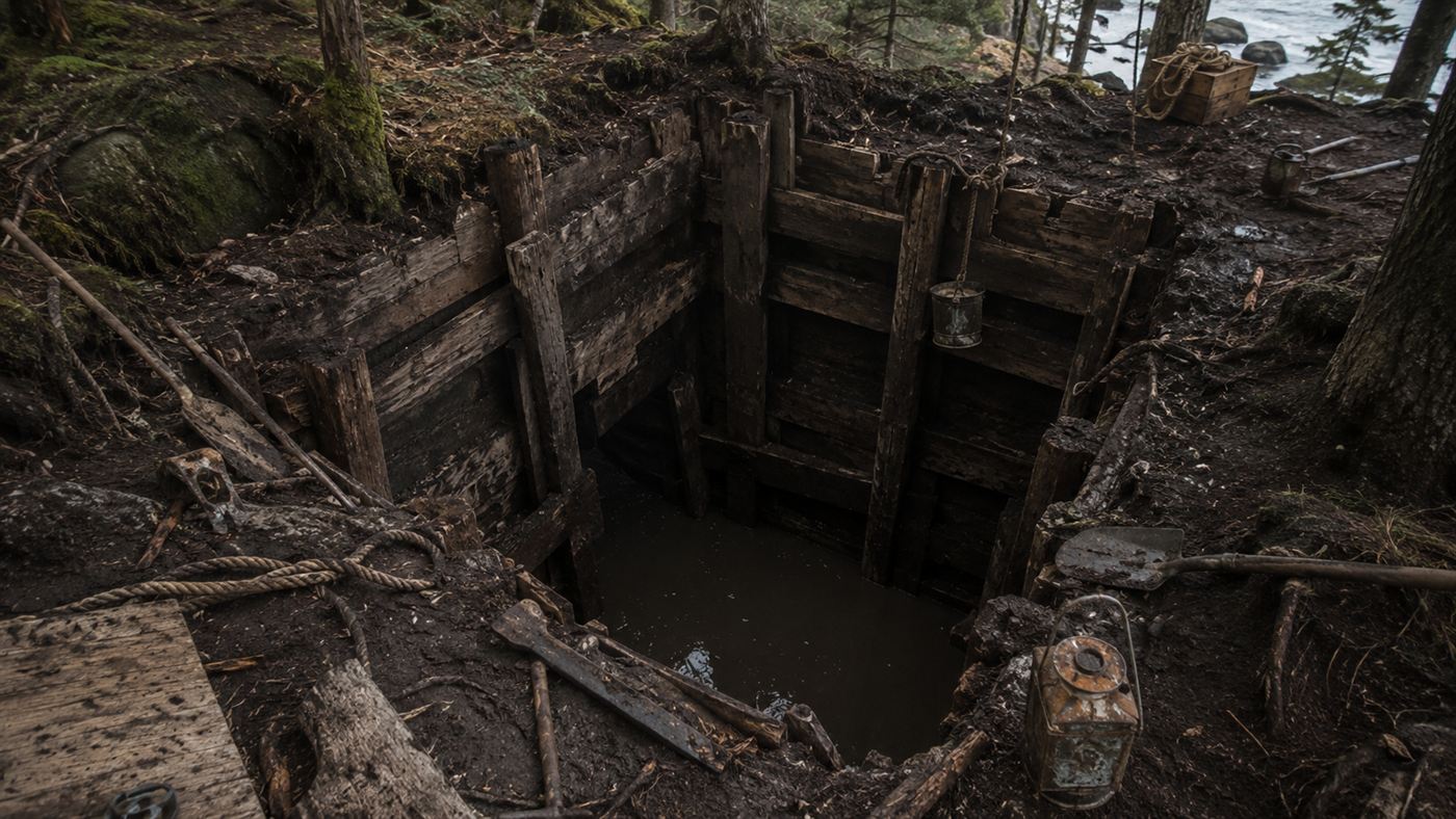 A deep timber-shored excavation shaft, the Oak Island money pit, on a wooded island