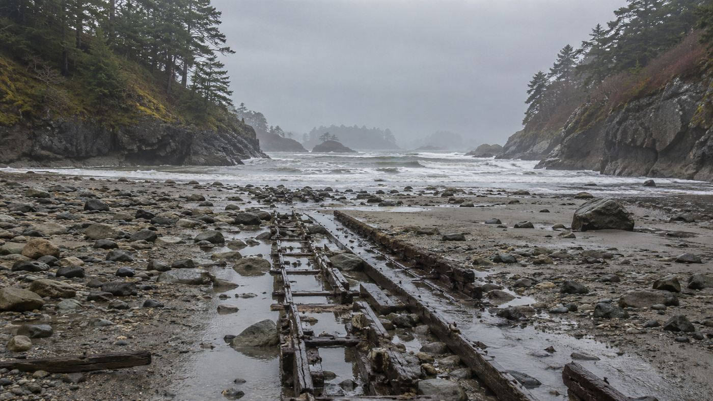 The rocky cove where flood tunnels were said to feed seawater into the Oak Island money pit