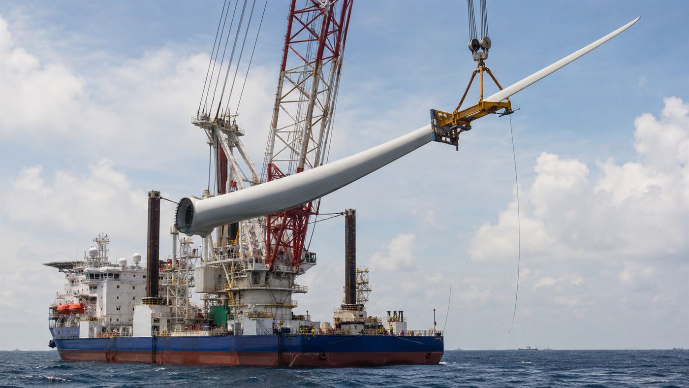A specialised offshore installation vessel lifting a huge wind turbine blade into place at sea off Virginia Beach