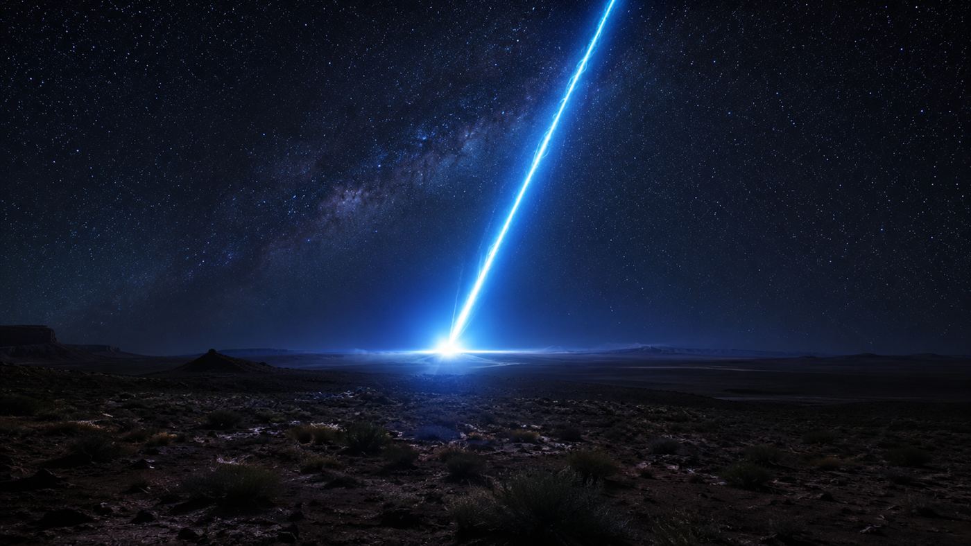 An artist's view of a brilliant cosmic ray streaking down over the dark Utah desert sky