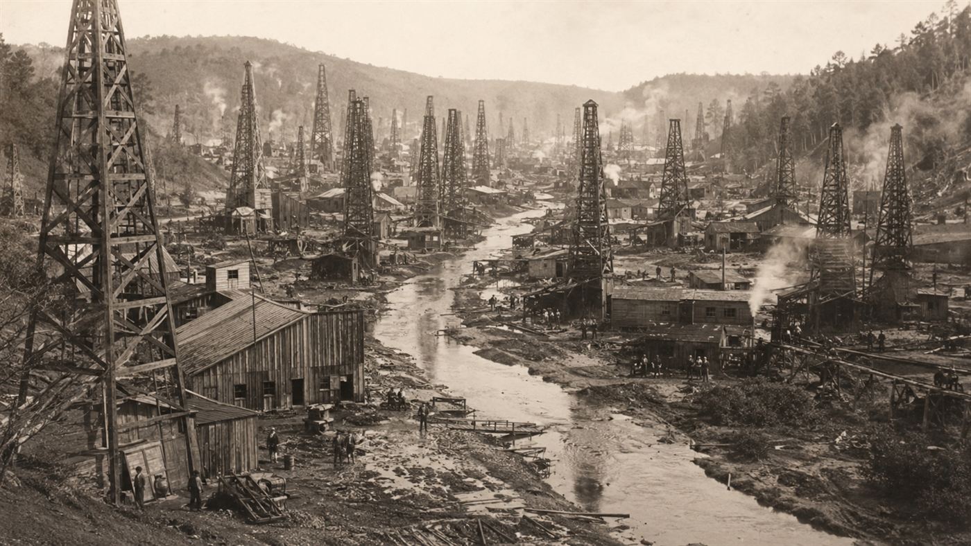 A valley crowded with dozens of wooden oil derricks during the 1860s Pennsylvania oil boom near Oil Creek