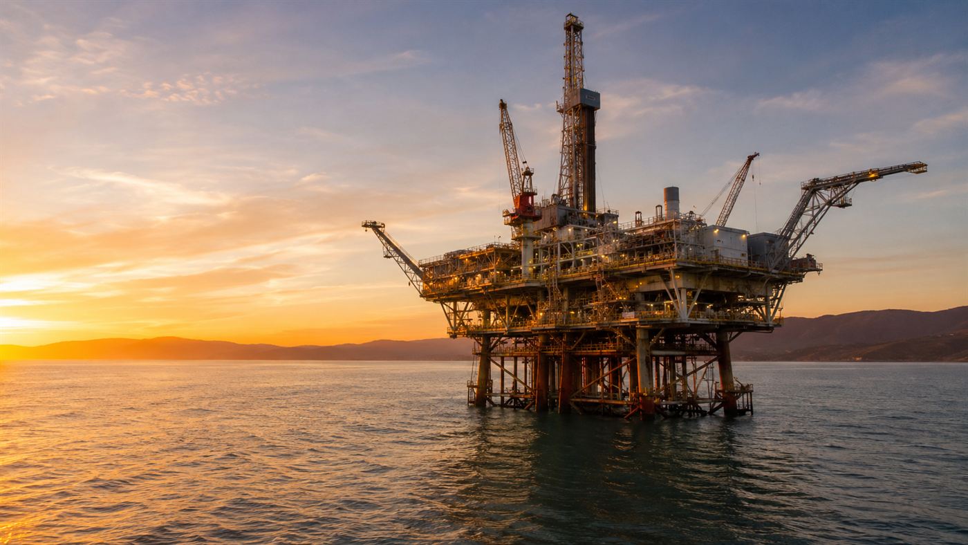 An offshore oil platform standing in calm ocean off the California coast at dusk with hills visible on the horizon