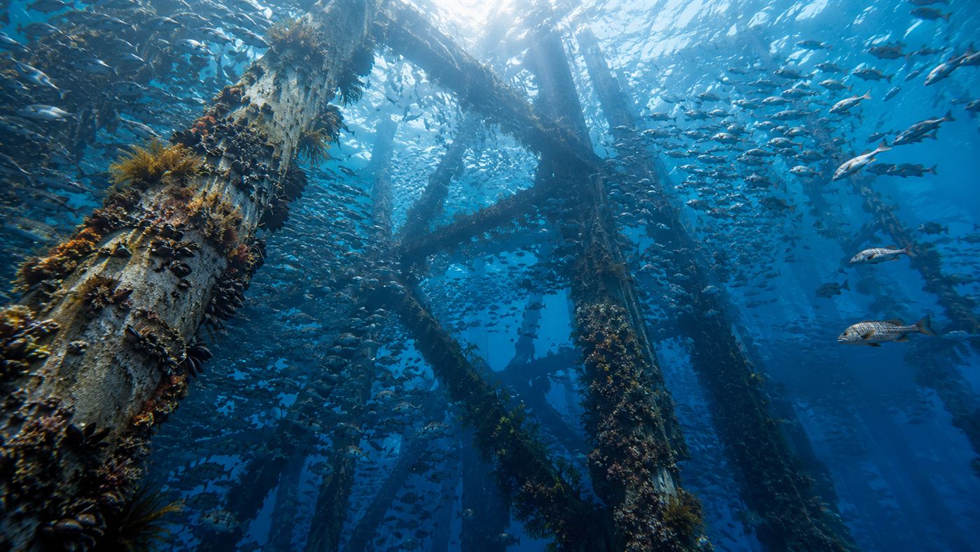 A diver's view up the inside of an oil platform's steel frame crowded with silver rockfish and encrusting marine life