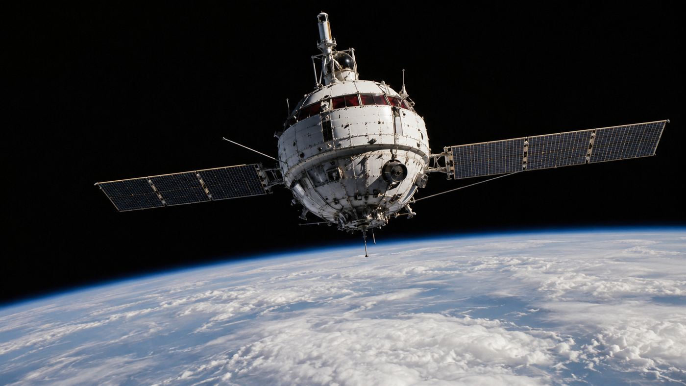 A Soviet Oko early-warning satellite in orbit above Earth, with sunlight catching the tops of high clouds