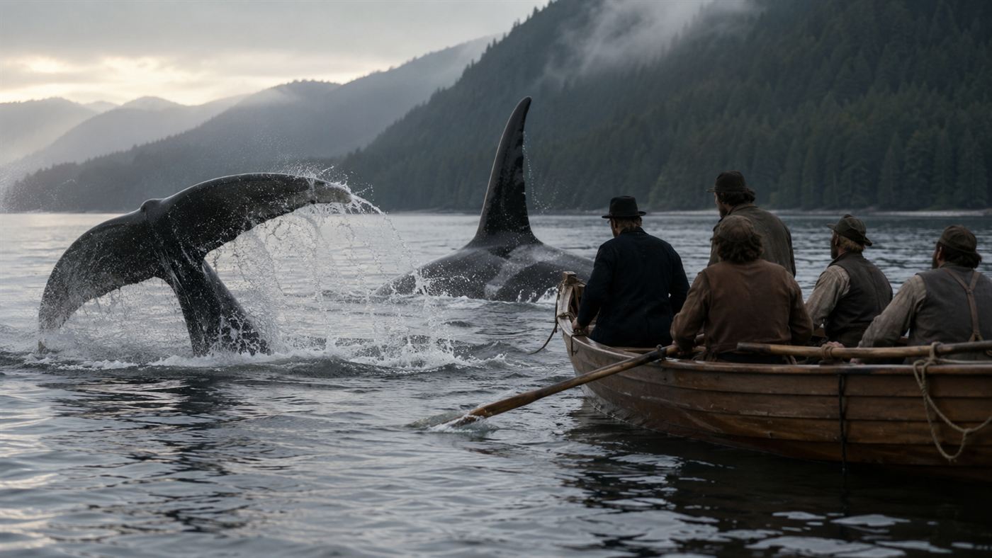 Old Tom the killer whale slapping his tail beside a small wooden whaleboat in a calm Australian bay at dawn