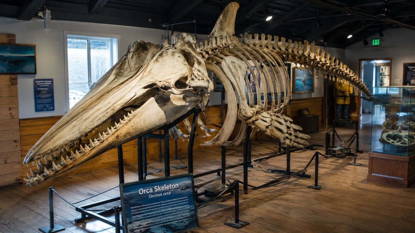 The mounted skeleton of Old Tom the orca in the Eden Killer Whale Museum, jaw of conical teeth showing wear