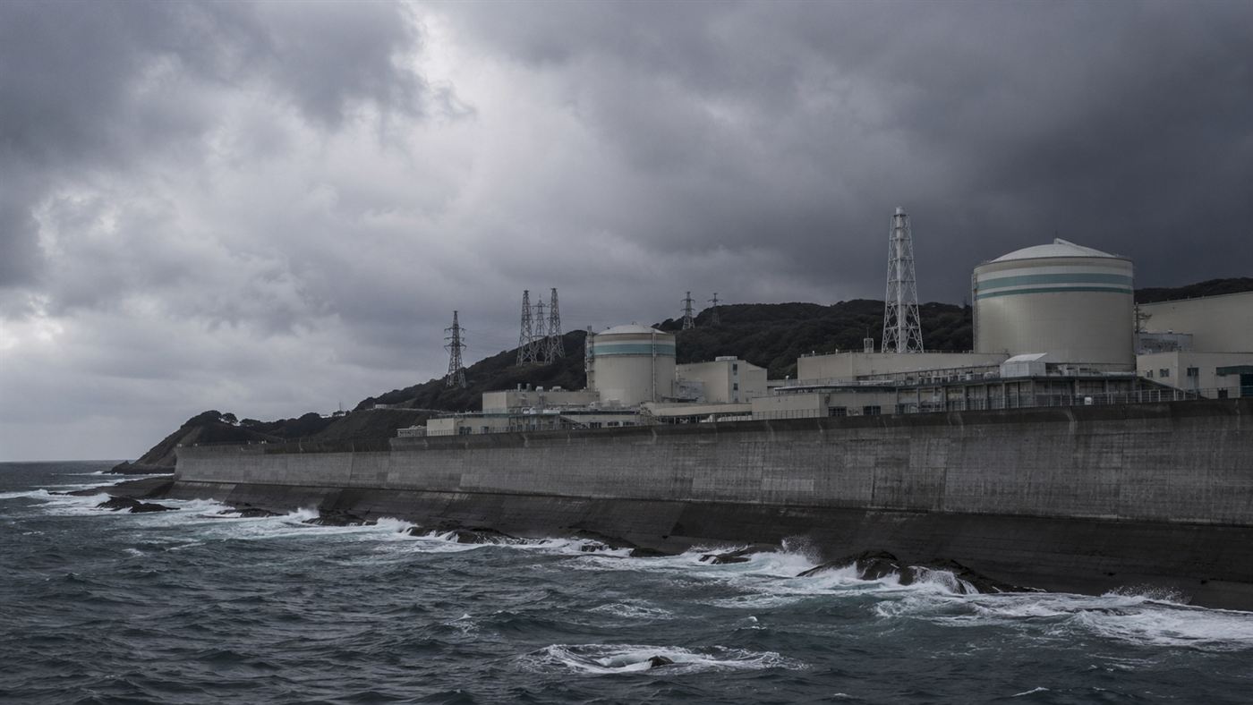 The Onagawa nuclear plant on higher ground behind a tall concrete seawall as dark waves break against the Japanese coast